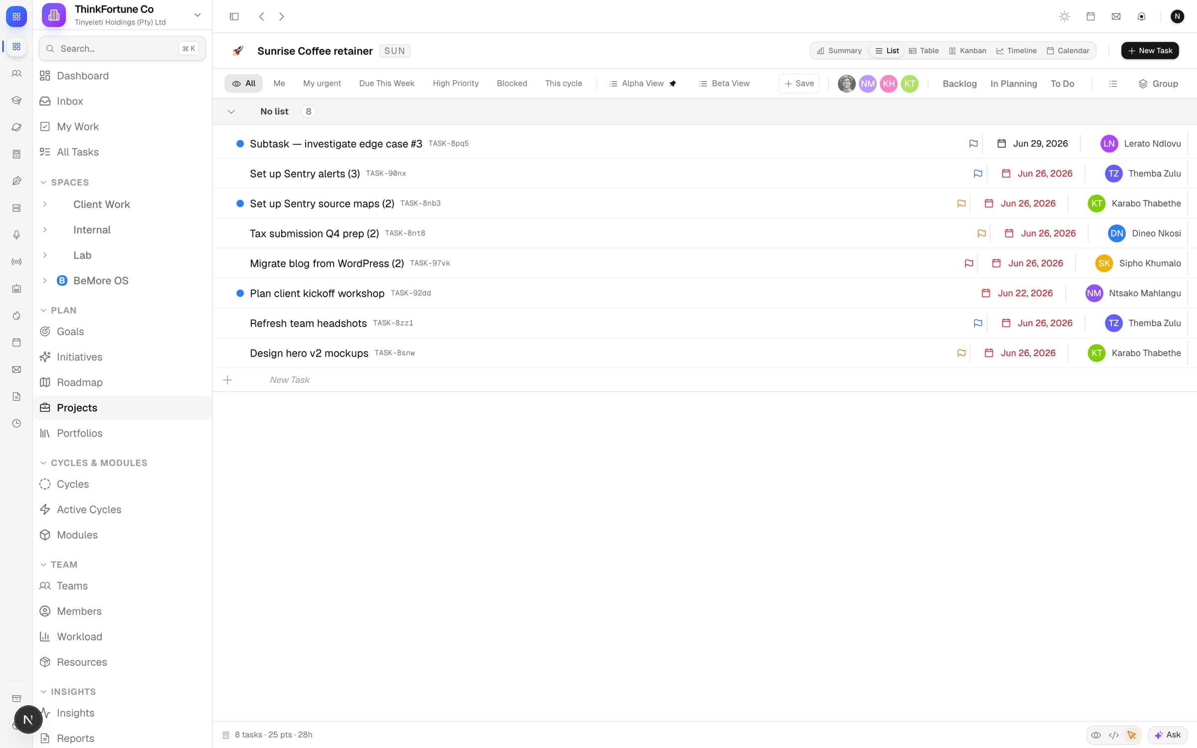 BeMore — projects view: cycles, tasks, owners and due dates in one operating picture